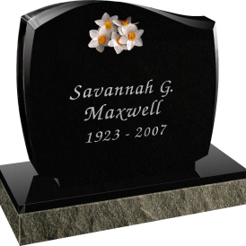 black headstone with picture of flowers and name Savannah G. Maxwell