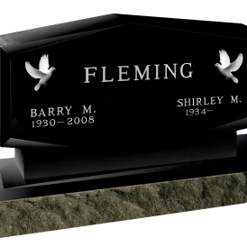 Double headstone with top that comes to a point at the top and beveled bottom with birds engraving