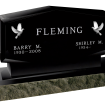 Double headstone with top that comes to a point at the top and beveled bottom with birds engraving