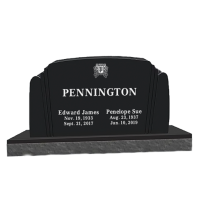 Curved top black double headstone with lines on both sides