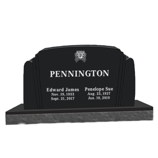 Curved top black double headstone with lines on both sides